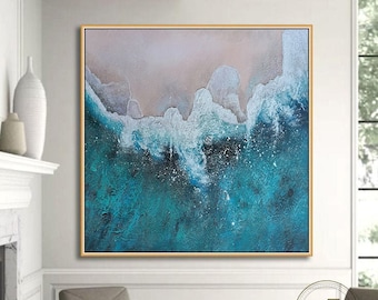 Abstract Blue Sea Oil Painting On Canvas Oversize Abstract Painting Blue Ocean Painting On Canvas Seascape Painting Living Room Wall Art