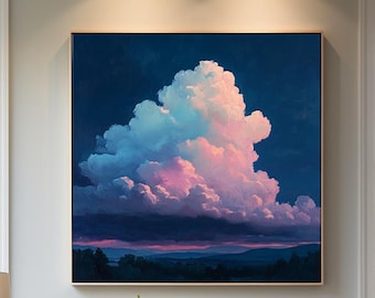 Stor abstrakt molnmålning: Väggkonst i lila och blå himmel