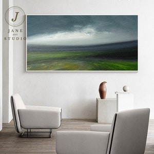 Large Original Sky Oil Painting, Green Landscape Abstract Painting, Sky Abstract Art,Wall Art Oil Painting, Large Gray Canvas Oil Painting image 3