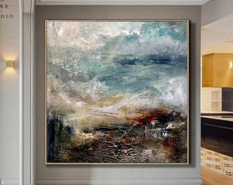 Beach Texture Painting,Original Sea Abstract Oil Painting,Large Sky And Sea Painting,Large Ocean Canvas Painting,Home Decor,Living Room Art