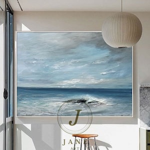 Large Abstract Ocean Oil Painting: Blue Seascape Wall Art