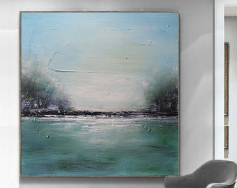Green Landscape Abstract painting,Original Sea Level Oil Painting,Blue Sky Oil Painting,Large Ocean Canvas Oil Painting,Living Room Art