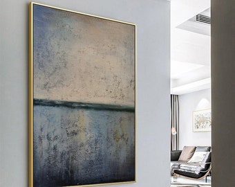 Original Abstract Blue Ocean Painting on Canvas,Large Sky Landscape Oil Painting Original Sea Level Abstract Painting,Living Room Wall Art