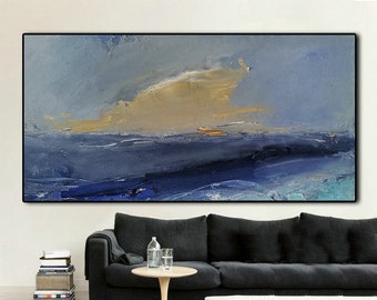 Large Abstract Art Painting On Canvas, Blue ocean painting, Large Sea Landscape Oil Painting, Original Abstract Canvas Wall Art Office Decor