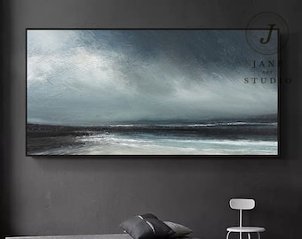 Deep Blue and Gray  Sea Abstract Art,Sky Landscape painting,Large Ocean Canvas Oil Painting, Large Wall  Painting，Sofa Wall Art Oil Painting