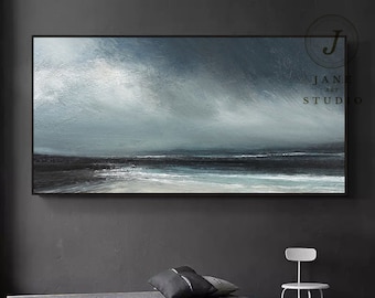 Diepblauwe en grijze zee abstracte kunst, landschapsschilderkunst lucht, grote oceaan canvas olieverfschilderij, grote muur schilderij, sofa muur kunst olieverfschilderij