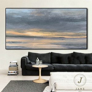 Pintura abstracta original de paisaje celeste, arte abstracto, lienzo de gran tamaño con mar, cielo gris, arte mural grande.