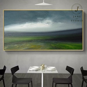 Large Original Sky Oil Painting, Green Landscape Abstract Painting, Sky Abstract Art,Wall Art Oil Painting, Large Gray Canvas Oil Painting image 1