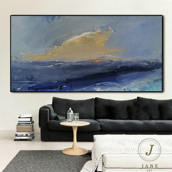 Große abstrakte Kunst Gemälde auf Leinwand, blauer Ozean Malerei, großes Meer Landschaft Ölgemälde, Original abstrakte Leinwand Wandkunst Büro Dekor