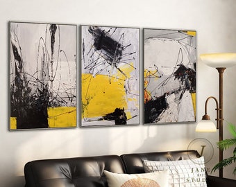 Minimalist Abstract Triptych: Black, White & Yellow Oil Painting on Canvas