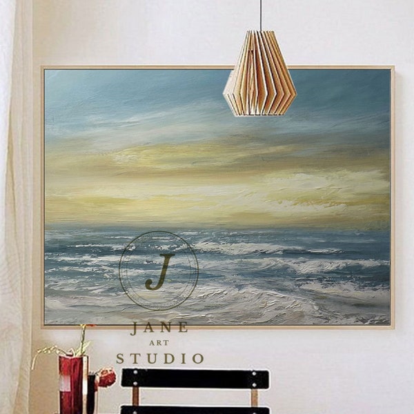 Original Sea Abstract Oil Painting,Large Sky And Sea Painting,Beach Texture Painting,Large Ocean Canvas Painting,Living Room Art,Home Decor