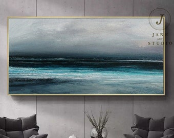 Original Blue Ocean Canvas Oil Painting,Sea Level Abstract Oil Painting,Gray Abstract Painting,Sky Landscape painting,Large Wall  sea Art