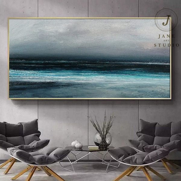 Original Blue Ocean Canvas Oil Painting,Sea Level Abstract Oil Painting,Gray Abstract Painting,Sky Landscape painting,Large Wall  sea Art