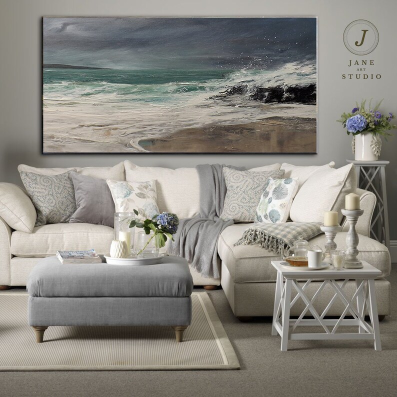 Super Texture Sea Abstract Painting, Beach Landscape Painting, Large Sea Sky Abstract Painting On Canvas, Original Beach Abstract Painting image 5