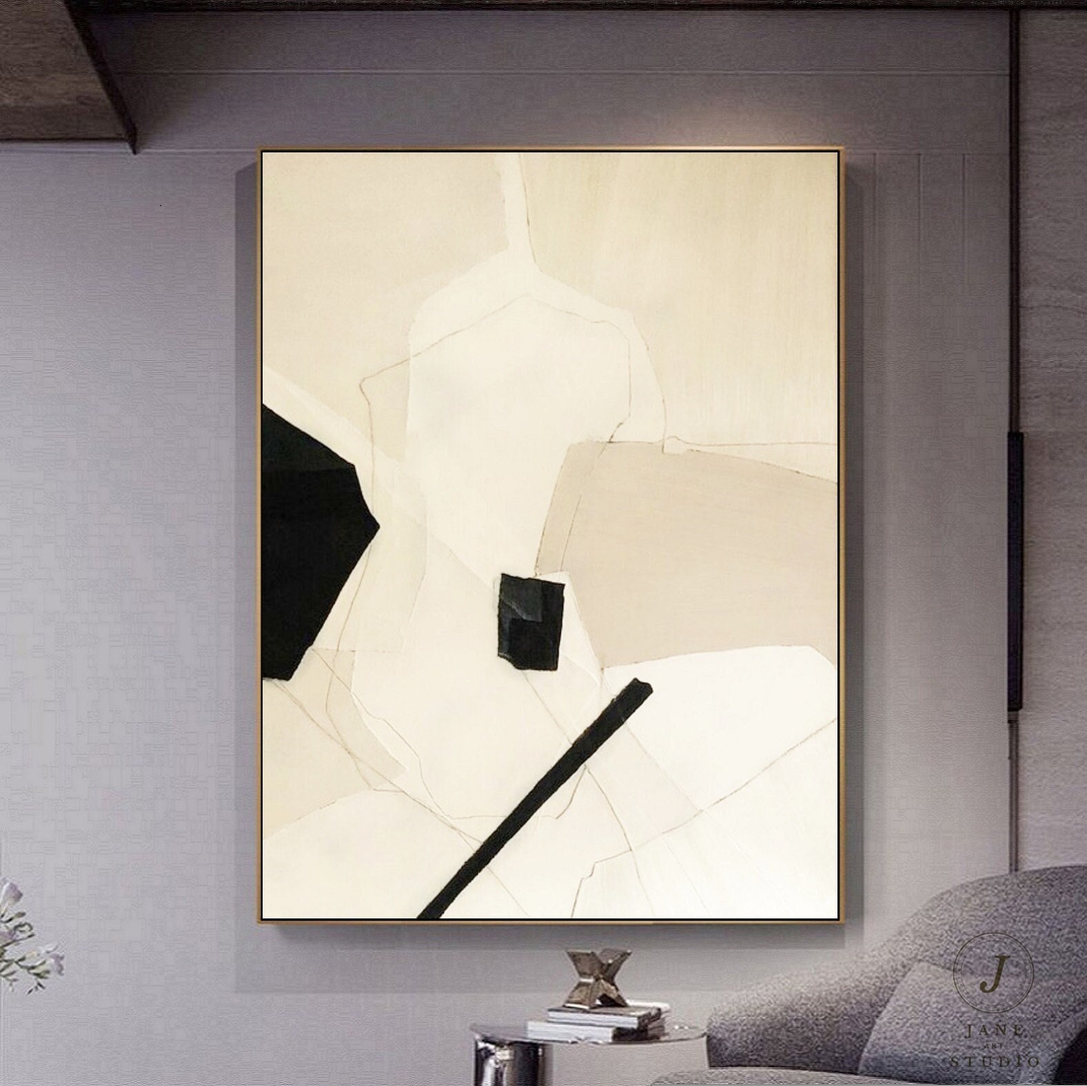 Beige Wabi Sabi Wall Art Black Beige Abstract Oil Painting Black ...