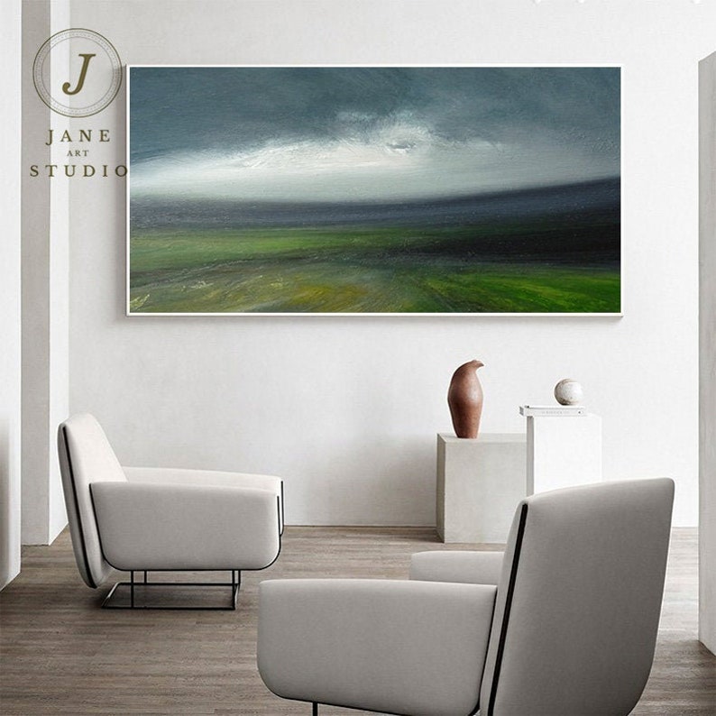 Large Original Sky Oil Painting, Green Landscape Abstract Painting, Sky Abstract Art,Wall Art Oil Painting, Large Gray Canvas Oil Painting image 3