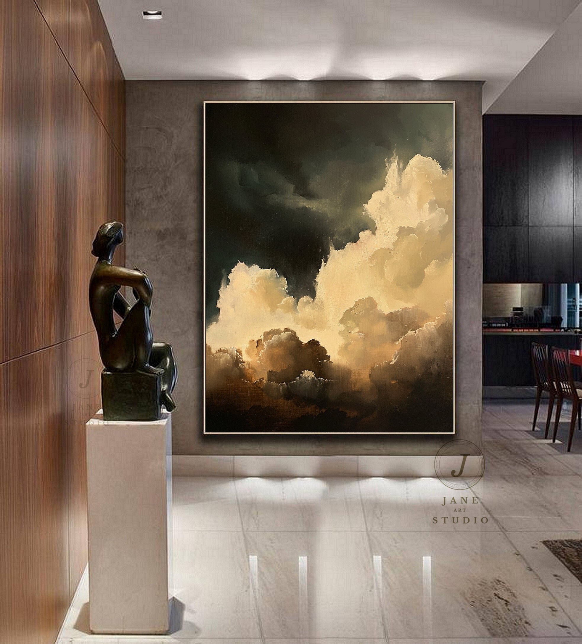 大きな雲の絵画：灰色の空の抽象画、ベージュの雲のアート - Etsy 日本