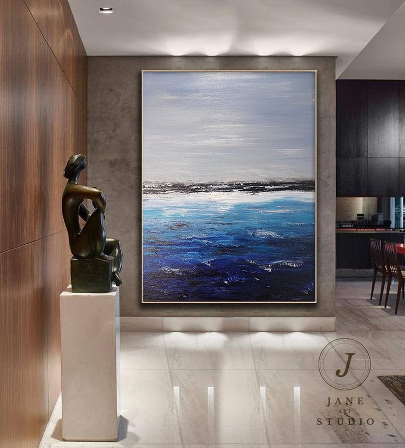 Deep Blue Ocean Landscape Painting,Sky Landscape Painting,Original Sea Abstract Oil Painting On Canvas,Large Sofa Wall Sea Art Oil Painting image 1