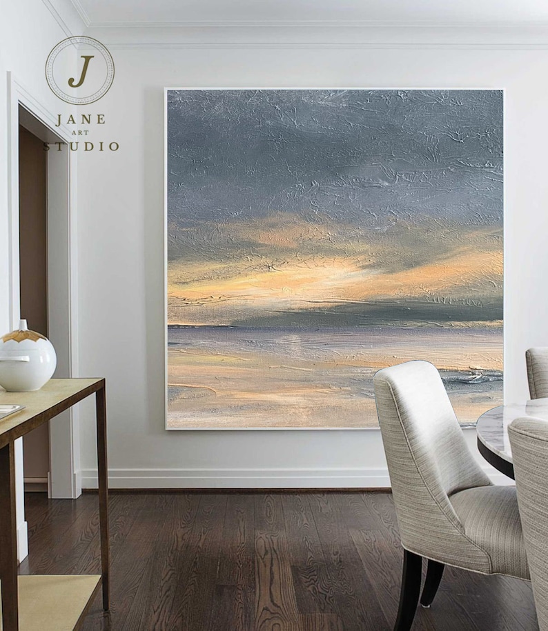 Sunrise Landscape Painting, Large Abstract Art Painting On Canvas, Gray Sky Abstract Painting,Large Beige Abstract Painting, Living Room Art image 2