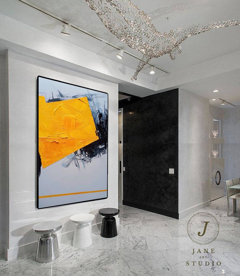 contemporary Living room art,large Original abstract painting on canvas,yellow oil painting,black gray painting,decor,large canvas art