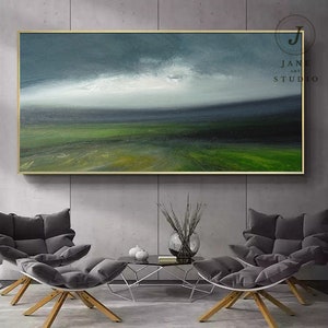 Large Original Sky Oil Painting, Green Landscape Abstract Painting, Sky Abstract Art,Wall Art Oil Painting, Large Gray Canvas Oil Painting image 2
