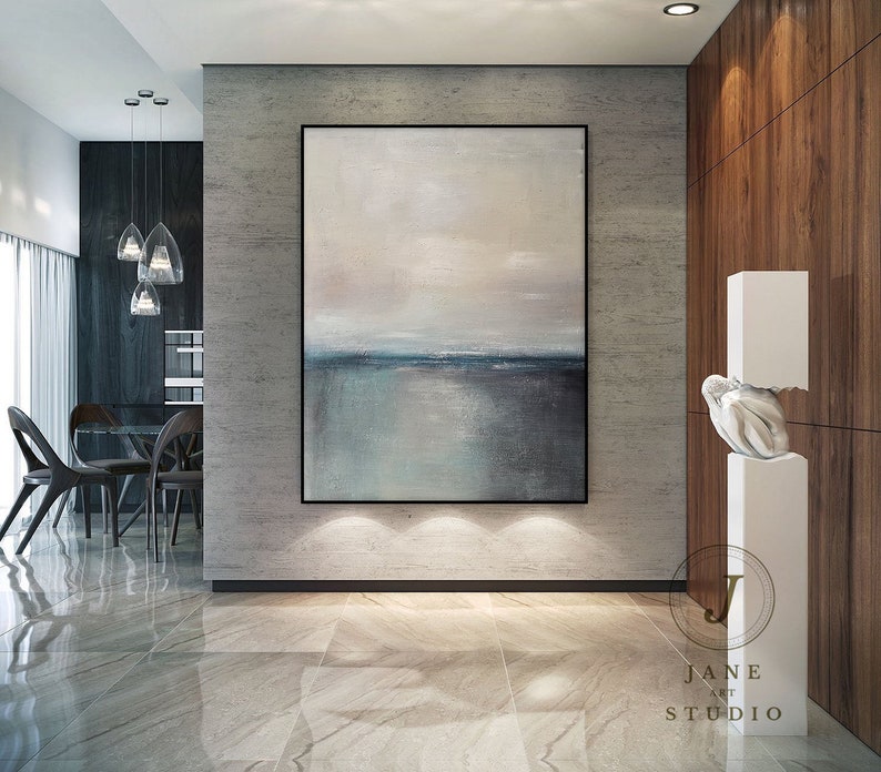 Large Sea Abstract Painting,Green Ocean Landscape Painting,Gray Sky Landscape Painting,Wall Painting,Large Wall Art,Living Room Painting image 2