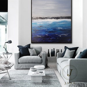 Deep Blue Ocean Landscape Painting,Sky Landscape Painting,Original Sea Abstract Oil Painting On Canvas,Large Sofa Wall Sea Art Oil Painting image 3