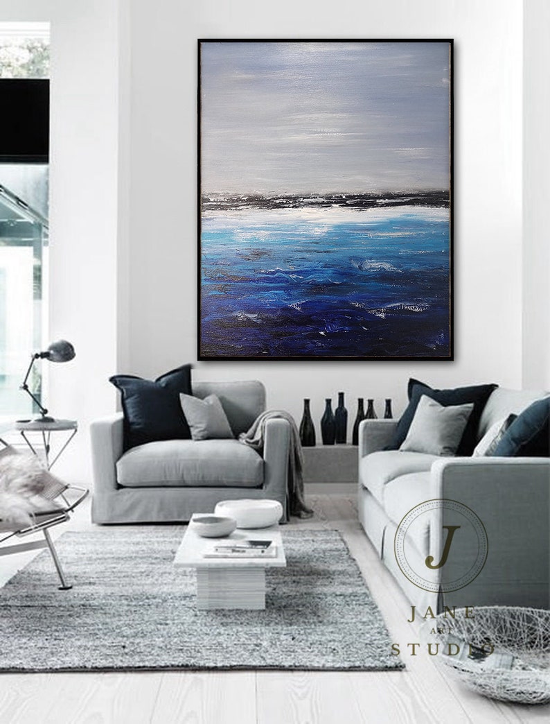 Deep Blue Ocean Landscape Painting,Sky Landscape Painting,Original Sea Abstract Oil Painting On Canvas,Large Sofa Wall Sea Art Oil Painting image 3