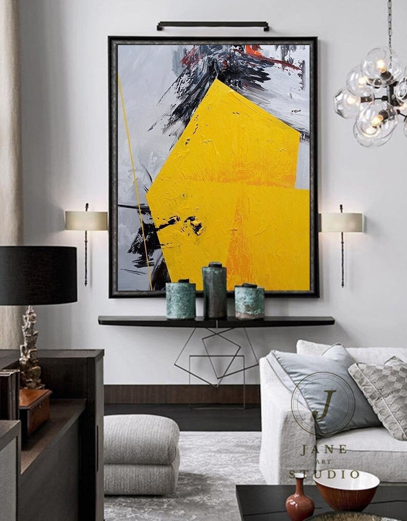 Large Yellow Abstract Painting on Canvasblack Paintinglarge Etsy