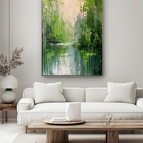 Paysage abstrait de la forêt verte, peinture minimaliste, peinte à la main, décoration murale originale, art mural Nature texturé