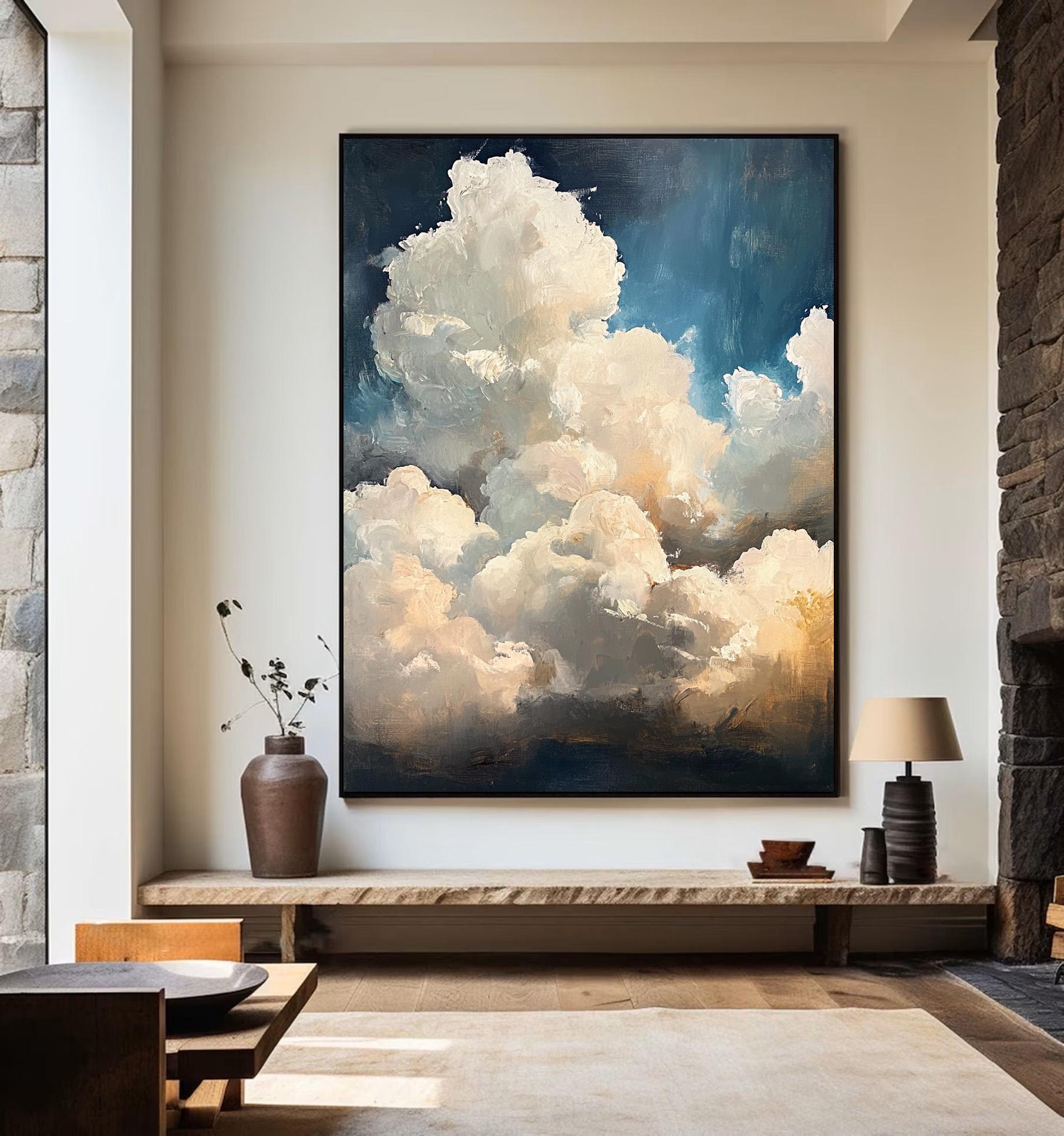Large Cloud Oil Painting: White Abstract Cloudscape, Blue Sky Canvas ...