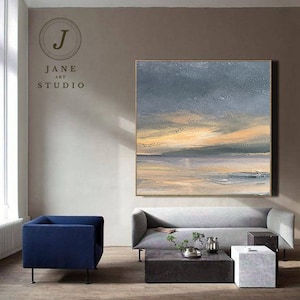 Sunrise Landscape Painting, Large Abstract Art Painting On Canvas, Gray Sky Abstract Painting,Large Beige Abstract Painting, Living Room Art image 3