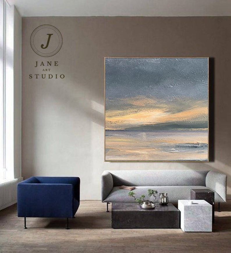 Sunrise Landscape Painting, Large Abstract Art Painting On Canvas, Gray Sky Abstract Painting,Large Beige Abstract Painting, Living Room Art image 3