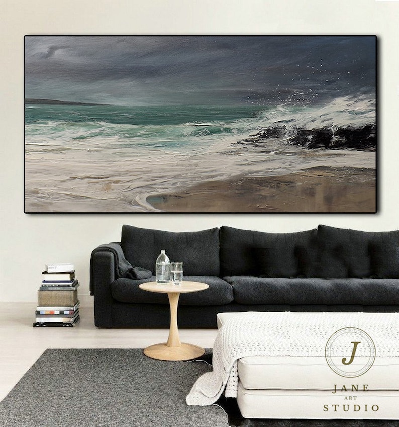 Super Texture Sea Abstract Painting, Beach Landscape Painting, Large Sea Sky Abstract Painting On Canvas, Original Beach Abstract Painting image 1