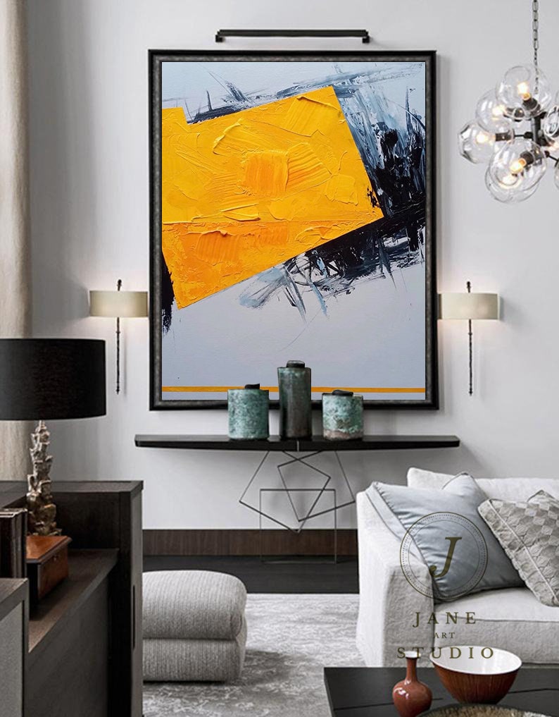 contemporary Living room art,large Original abstract painting on canvas,yellow oil painting,black gray painting,decor,large canvas art