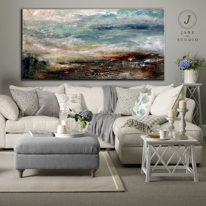 Super Texture Sea Abstract Painting, Large Cloud Canvas Painting, Large Sea Sky Abstract Painting On Canvas,Original Beach Abstract Painting image 1