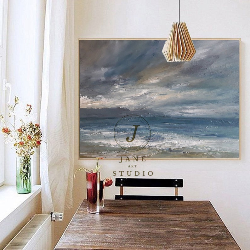 Large Sea Level Landscape Abstract Painting On Canvas,Waves Canvas Oil Painting,Original Ocean Abstract Painting,Seascape Abstract Painting image 5