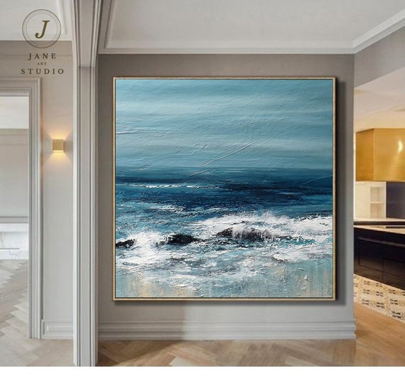 Abstract Painting, Landscape Original Art, Sky Wave Etsy Large Painting Art Room Painting on Living - White Canvas,large Blue Wall Ocean Painting,
