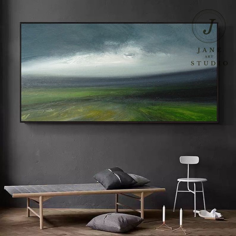 Large Original Sky Oil Painting, Green Landscape Abstract Painting, Sky Abstract Art,Wall Art Oil Painting, Large Gray Canvas Oil Painting image 8