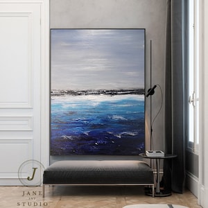 Deep Blue Ocean Landscape Painting,Sky Landscape Painting,Original Sea Abstract Oil Painting On Canvas,Large Sofa Wall Sea Art Oil Painting image 2