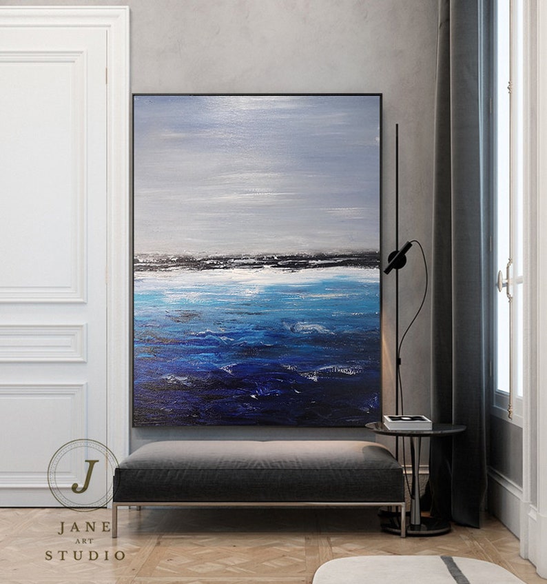 Deep Blue Ocean Landscape Painting,Sky Landscape Painting,Original Sea Abstract Oil Painting On Canvas,Large Sofa Wall Sea Art Oil Painting image 2