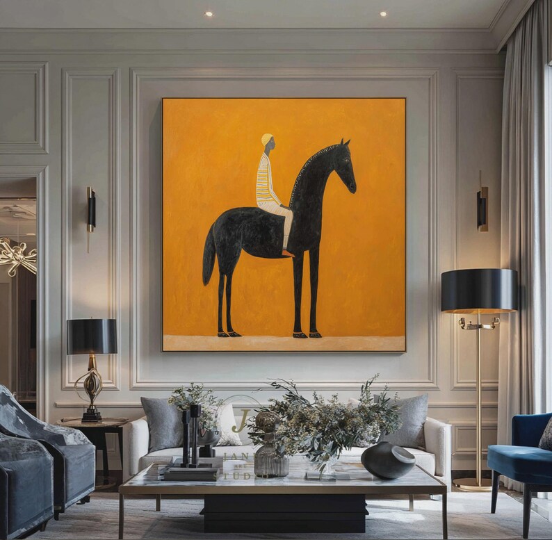 vibrant-yellow-abstract-horse-figure-painting-vintage-equestrian-wall