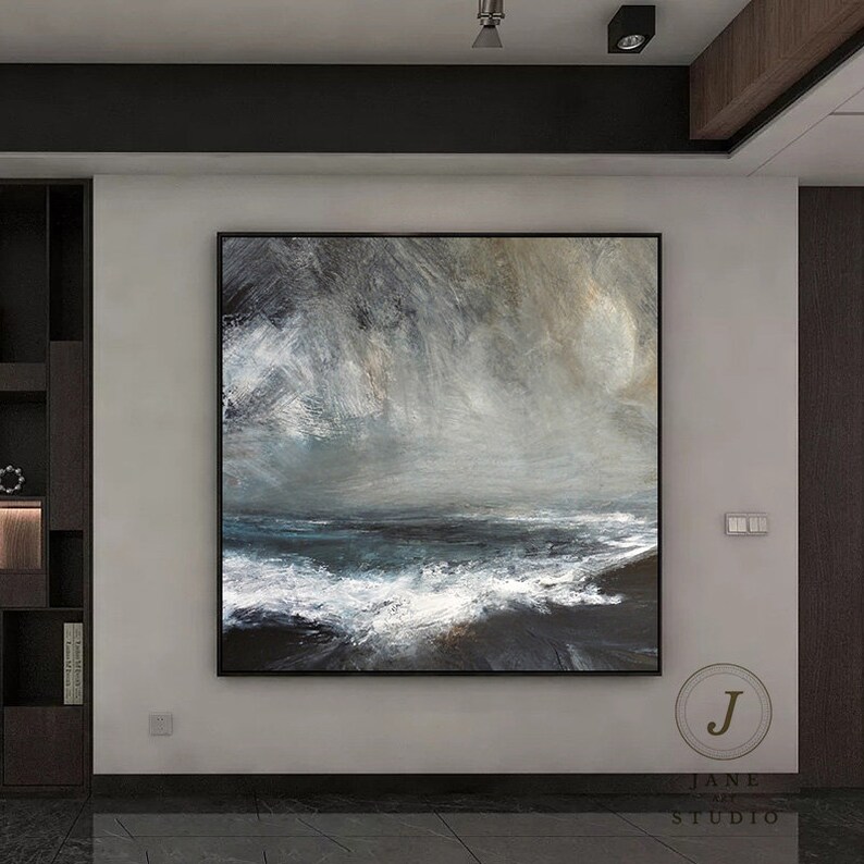 Original Blue Ocean Canvas Oil Painting, Gray Abstract Painting, White ...