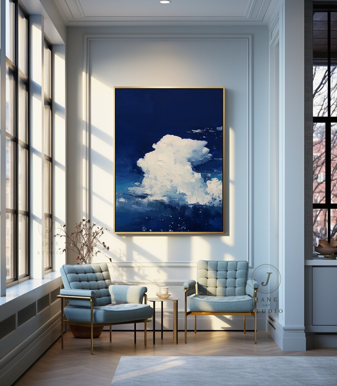 Large Cloud Wall Art White Cloud Abstract Painting Dark Blue Sky Wall ...