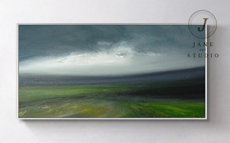 Large Original Sky Oil Painting, Green Landscape Abstract Painting, Sky Abstract Art,Wall Art Oil Painting, Large Gray Canvas Oil Painting image 9