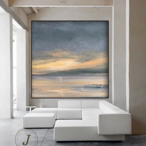 Sunrise Landscape Painting, Large Abstract Art Painting On Canvas, Gray Sky Abstract Painting,Large Beige Abstract Painting, Living Room Art image 5