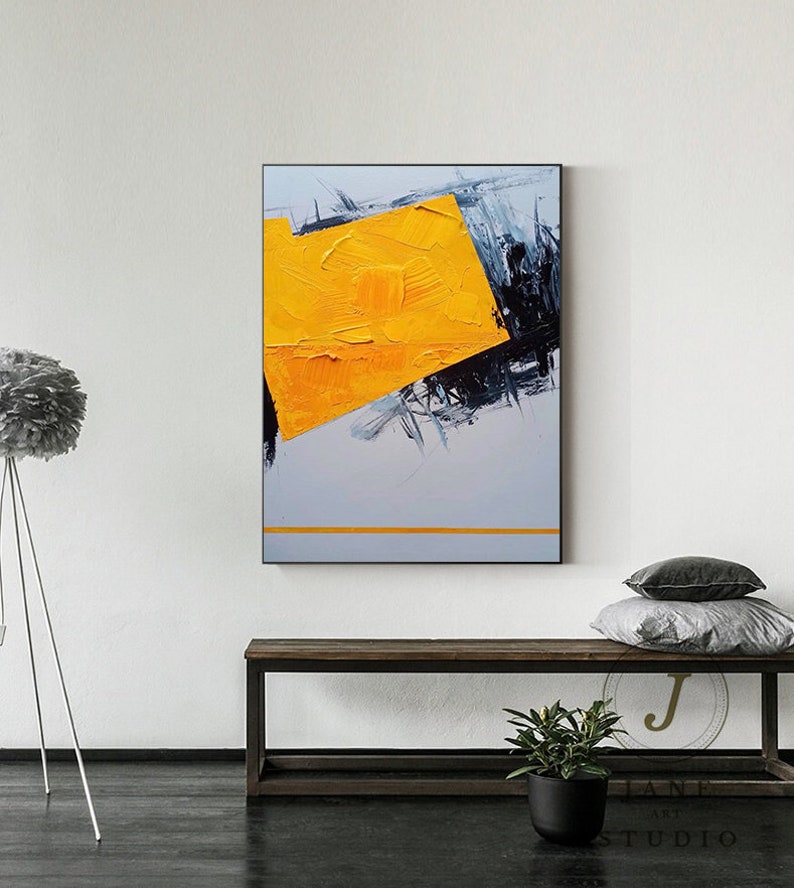 contemporary Living room art,large Original abstract painting on canvas,yellow oil painting,black gray painting,decor,large canvas art