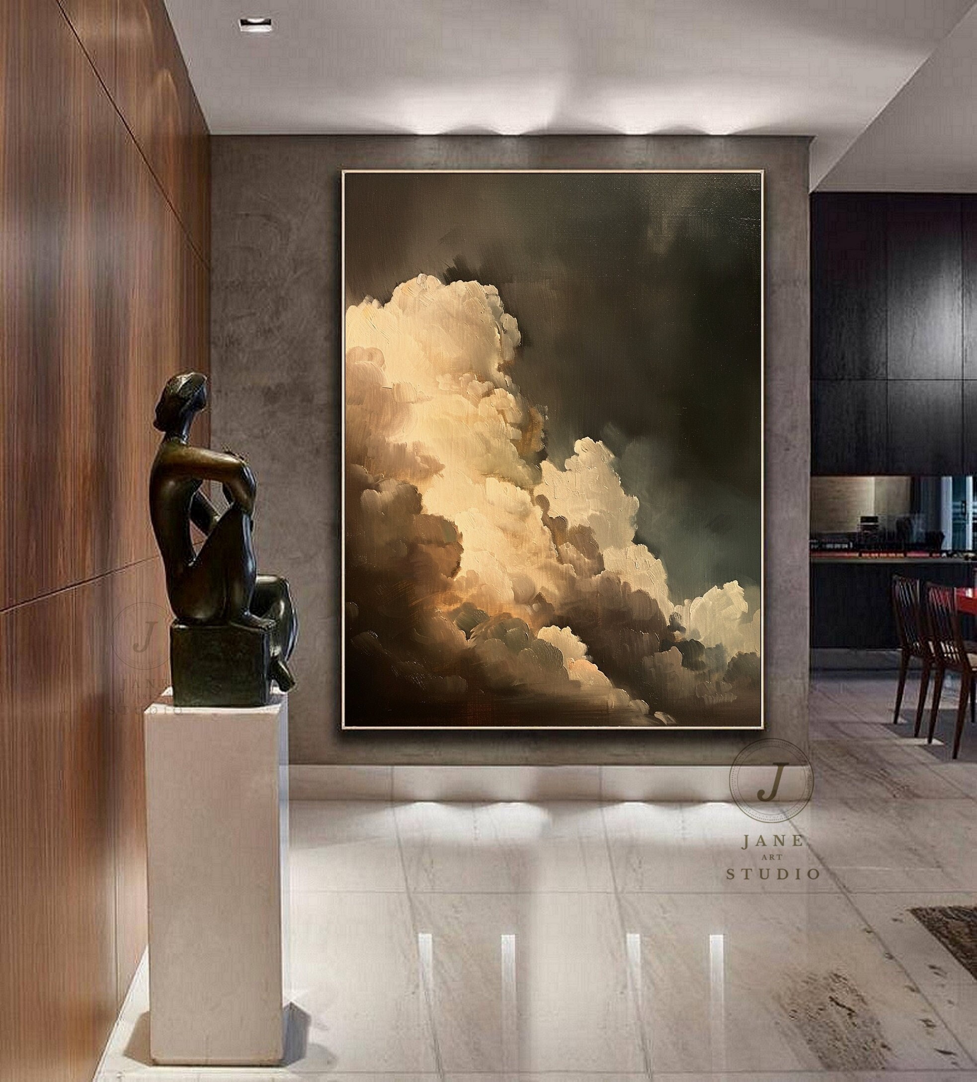 Large Abstract Cloud Painting: Beige & Gray Sky Canvas Wall Art