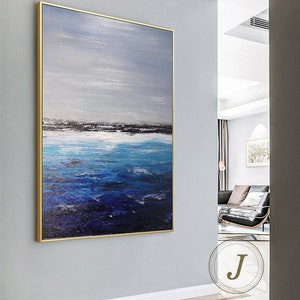Deep Blue Ocean Landscape Painting,Sky Landscape Painting,Original Sea Abstract Oil Painting On Canvas,Large Sofa Wall Sea Art Oil Painting image 6