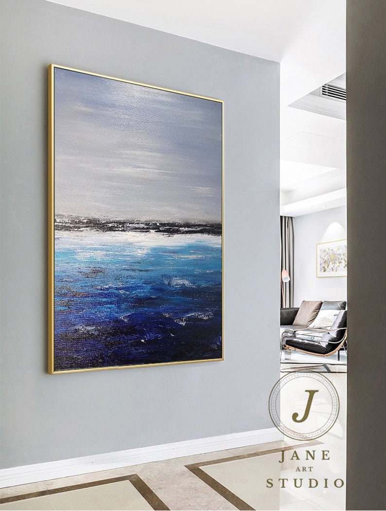 Deep Blue Ocean Landscape Painting,Sky Landscape Painting,Original Sea Abstract Oil Painting On Canvas,Large Sofa Wall Sea Art Oil Painting image 6